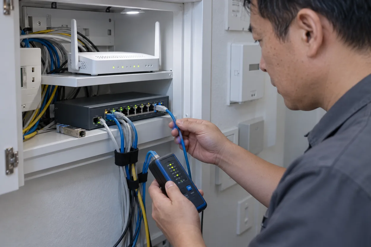技术人员查看网络接口、交换机端口与线路测试工具