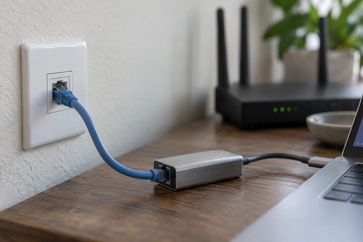 墙面以太网接口、网线与电脑USB-C网络扩展坞近景